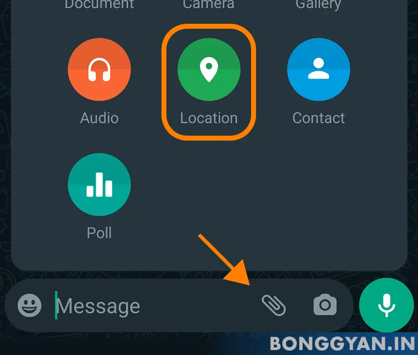 Selecting Location share from attachment of whatsapp