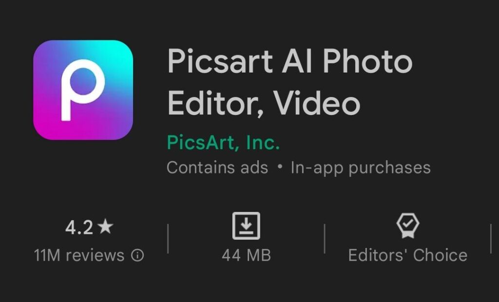 PicsArt ফটো এডিটিং অ্যাপ in playstore with logo