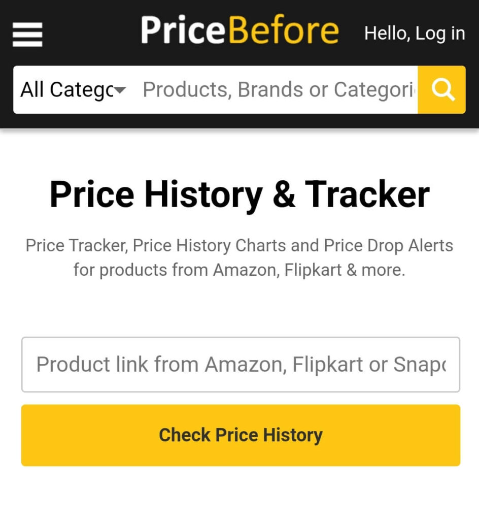 অনলাইন প্রাইস tracking এর জন্য pricebefore.com এর হোম পেজ